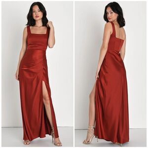 Lulus Red Carpet Romance Rust Orange Satin Square Neck Maxi Dress Large NEW